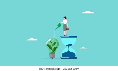 Environmental social and governance, sustainable business, industry using environmentally friendly energy or renewable energy, businesswoman watering sustainability light bulb vector illustration