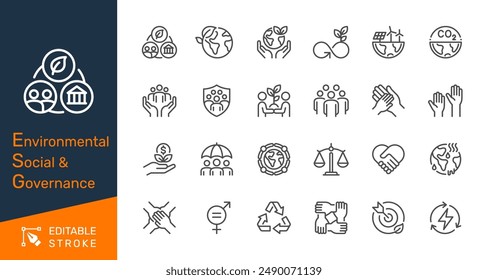 Environmental Social Governance thin line icons. Editable stroke. Pixel perfect.