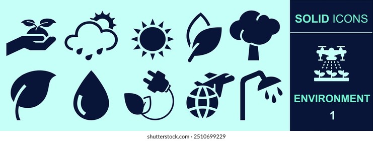 Environmental SOLID icon set for presentation, explanation, marketing. Building silhouettes of recycle symbols, environment, waste, green energy and many more. Editable outline, size and color.