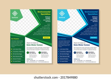Environmental Specialist flyer design template use vertical layout. white background with blue and green element. polygonal space of photo.  