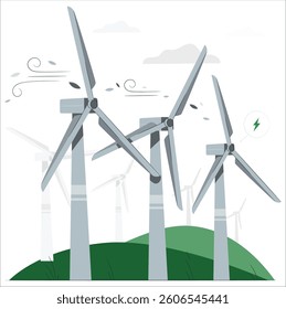 Environmental. Spring landscape green field with windmill on mountain, blue sky,cloud, Vector Rural with Solar panel wind turbines installed as renewable station energy sources for electricity. 2676