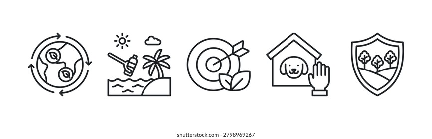 Environmental Stewardship and Biodiversity Framework icon line illustration. Sustainable Ecosystem, Clean Beaches, Green Mission, Animal Sanctuary and Landscape Protection
