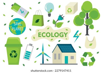 Environmental stickers set concept in the flat cartoon design. Pictures that call to preserve the environment and save resources. Vector illustration.