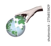 Environmental strategy concept collage. Halftone hand putting the last puzzle piece into green earth globe. Retro pop art vector illustration for sustainable business solution and ecology.