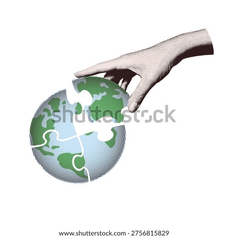 Environmental strategy concept collage. Halftone hand putting the last puzzle piece into green earth globe. Retro pop art vector illustration for sustainable business solution and ecology.