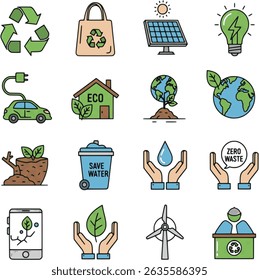 Environmental sustainability and eco-friendly icons. Features recycling, solar energy, electric car, save water, zero waste, and nature elements in a flat design