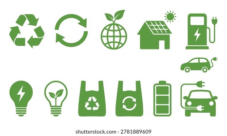 Environmental sustainability element pack in minimalist green style, recycling symbols, earth, solar energy, car, and light bulbs
