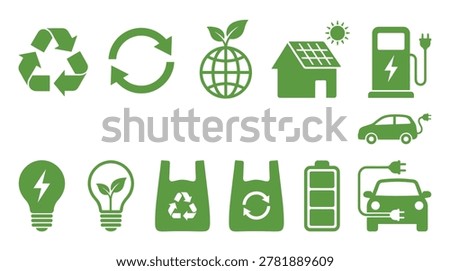 Environmental sustainability element pack in minimalist green style, recycling symbols, earth, solar energy, car, and light bulbs
