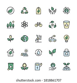 Environmental sustainability and energy sources in minimal style. Color symbols of ecology. Simple set of vector linear icons.  Energy icon collection. Isolated contour illustrations for websites.