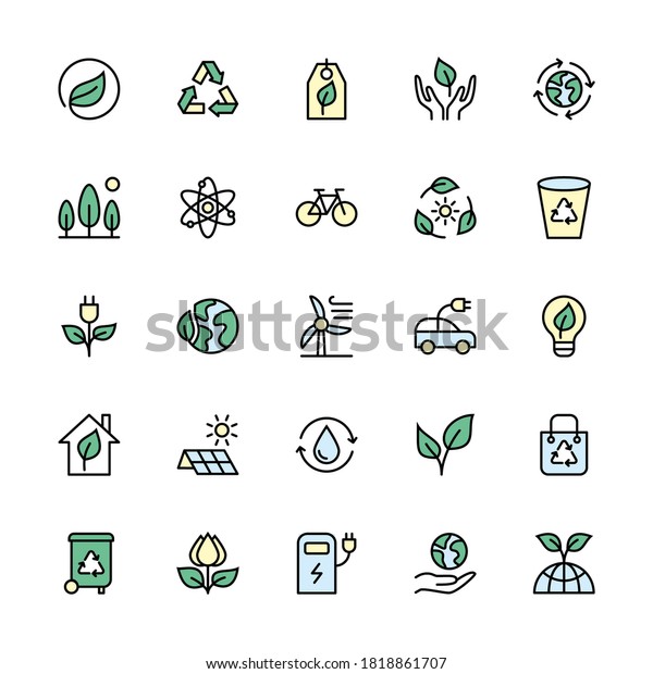 Environmental sustainability and energy sources\
in minimal style. Color symbols of ecology. Simple set of vector\
linear icons.  Energy icon collection. Isolated contour\
illustrations for\
websites.