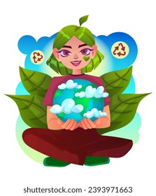 Concepto de ecología verde de sostenibilidad ambiental. Personas que ahorran y protegen los recursos del planeta. Diseño de dibujos animados. Energía ecológica, tecnología reutilizable, carácter hermoso. Ilustración del vector