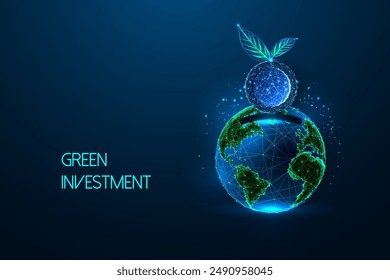 Environmental sustainability and green investment, ESG futuristic concept with green coin falls into Earth as saving bank on dark blue background. Glowing low polygonal style. Vector illustration.