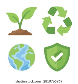 Environmental sustainability icon collection featuring recycling, earth, plant growth, ecological protection, green living, renewable concepts, nature conservation, and eco friendly design resources.