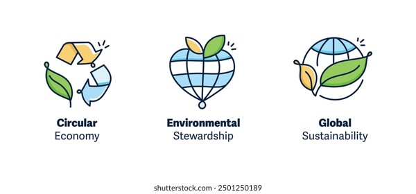 Environmental Sustainability Icon Set: Circular Economy, Environmental Stewardship, and Global Sustainability.