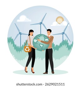 Sustentabilidade Ambiental com Fontes de Energia Renováveis e Conservação. Homem e mulher segurando um globo, enfatizando a energia renovável e o cuidado ambiental.
