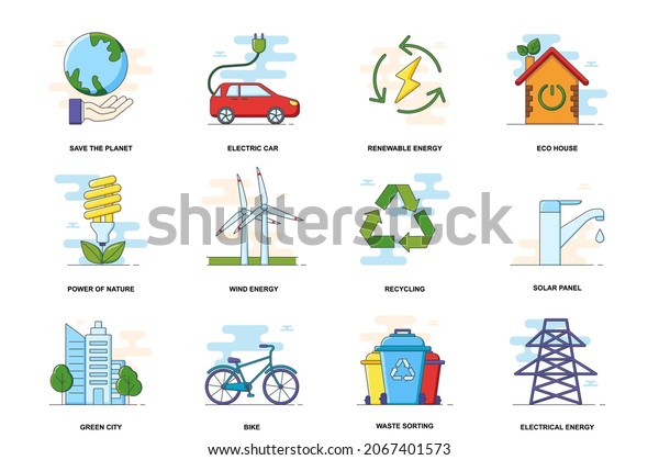 Environmental sustainability web concept stroke flat\
line icons isolated set. Eco bundle. Graphic linear symbols\
collection for website design. Vector conceptual pack outline\
pictograms for mobile\
app
