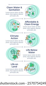 Environmental sustainable preservation infographic vertical sequence. Ecology, ecosystem. Visualization infochart with 5 steps. Circles workflow