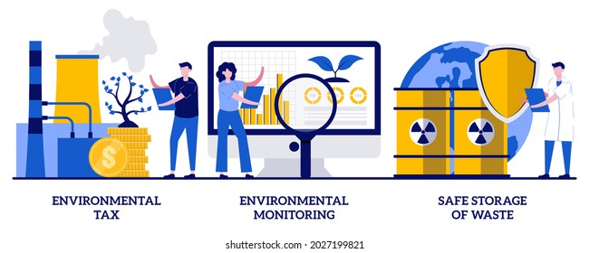 Impuesto ambiental, monitoreo ambiental, almacenamiento seguro de residuos con gente pequeña. Luchar contra problemas ecológicos abstract vector ilustrativo conjunto. Solución de problemas ecológicos metáfora.