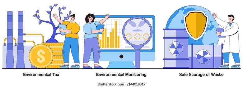 Environmental tax, environmental monitoring, safe storage of waste concepts with people characters. Fighting ecological problems vector illustration pack. Solution of ecological issues metaphor.