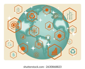 Environmental technology concept. Highlighting renewable energy and sustainable practices on a globe with key icons emphasizing future-oriented innovations and ecological conservation.