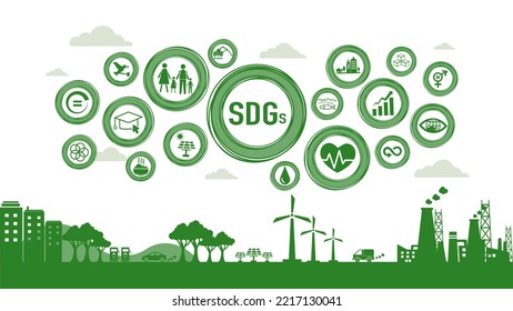 Environmental Technology Concept.Icon Of Sustainable Development Goals, SDGs Circle Illustration. Rendering On The Green City. Corporate Social Responsibility. Sustainable Development For Better World