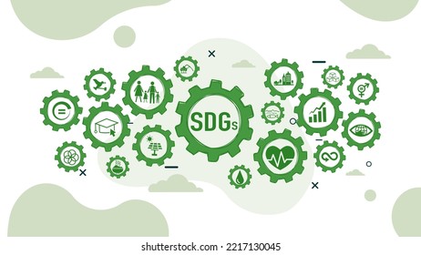 Concepto de tecnología ambiental.Icono de los objetivos de desarrollo sostenible, ilustración de las ruedas de los ODS. En el fondo verde. Responsabilidad social de las empresas. El desarrollo sostenible para un mundo mejor