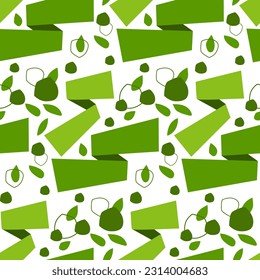 Environmental theme. Abstract background. Seamless design with Earth Day pattern. Vector illustration made up of a variety of environmental symbols. Ribbons for inscriptions, shields, leaves.