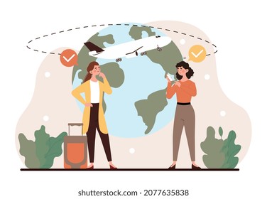 Environmental Transportation Choice By Plane For Holidays And Vacation. Concept Of Sustainable Tourism With Ecological Responsible Travel. Eco Journey And Ecotourism. Flat Cartoon Vector Illustration