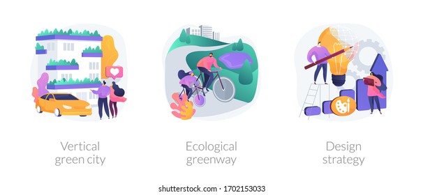 Environmental urban solutions abstract concept vector illustration set. Vertical green city, ecological greenway, design strategy, space-saving eco solution, landscape ecology abstract metaphor.