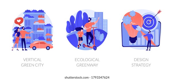 Environmental urban solutions abstract concept vector illustration set. Vertical green city, ecological greenway, design strategy, space-saving eco solution, landscape ecology abstract metaphor.