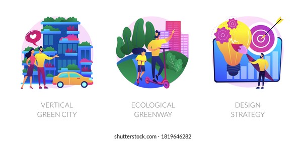 Environmental urban solutions abstract concept vector illustration set. Vertical green city, ecological greenway, design strategy, space-saving eco solution, landscape ecology abstract metaphor.