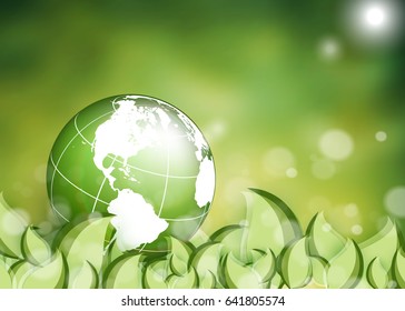 environmental vector background with globe and leaves. Illustration over blury shiny backdrop. Eps10