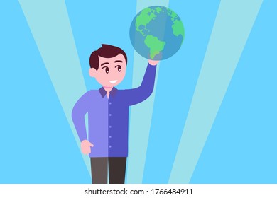 Environmental vector concept: portrait of man spinning the globe on his finger happily