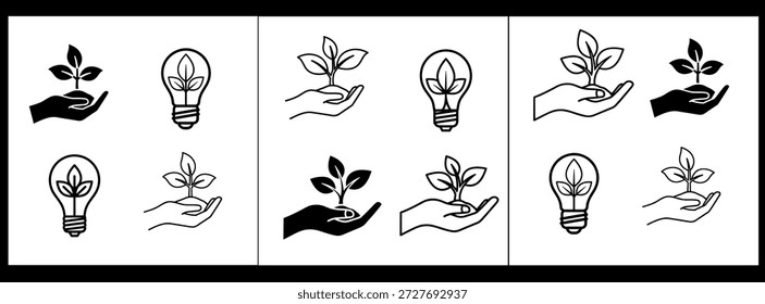 Umweltvektorsymbole von Pflanzen pflegenden Händen und umweltfreundlichen Konzepten