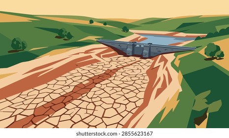 An environmental vector illustration featuring a severe drought with a dried up cracked riverbed reservoir and a concrete dam spanning the empty waterway