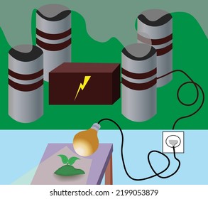 Environmental vector illustration.A light bulb plugged into a socket to give the sprout light and warmth.On the other half,a power plant that pollutes the air. Abstract illustration to the environment