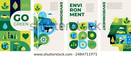 Environmental vertical concept design. Happy Earth Day, geometric modern trendy illustrations of ecology, environmental conservation, planet Earth, green and zero waste design. Vector backgrounds