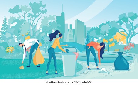 Environmental Volunteering. Green City Park Cleaning. People Volunteers Collecting Trash into Bags and Cans. Ecology Protection. Altruistic Activity. Urban Improvement. Vector Illustration