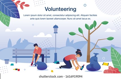 Environmental Volunteering, Nature Save, Ecology Rescue Trendy Flat Vector Banner, Poster Template. Working Volunteers, People Collecting Garbage and Scattered Trash in Bags at City Park Illustration