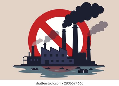 Environmental warning sign showing a large red forbidden symbol behind a polluting industrial factory with smoke stacks.
