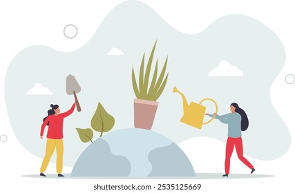 Environmentalism global movement .Sustainability and Earth protection driven community work.flat design with people.
