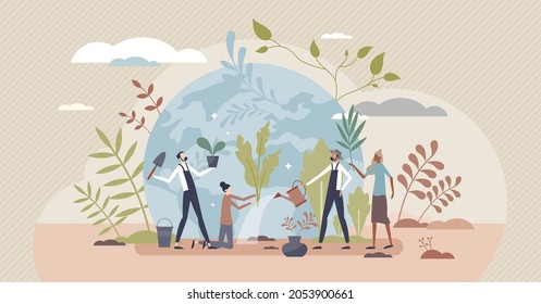 Environmentalism global movement tiny person concept. Sustainability and Earth protection driven community work. Care for living things and clean environment. Protecting ecosystem by volunteering.