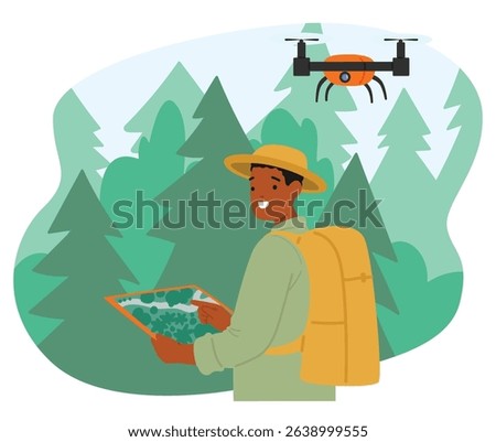 Environmentalist character examining rainforest vegetation on tropics applying automated drone wireless technology cartoon scene. Environment conservation, ecology changes studying vector illustration