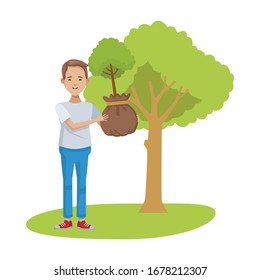 environmentalist man planting tree character vector illustration design