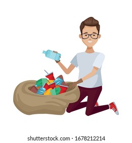 environmentalist man recycling bottle in sack character vector illustration design