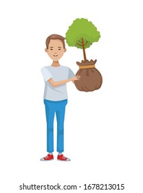 environmentalist man with tree plant avatar character vector illustration design