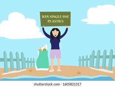 A Environmentalist Woman Holds A Placard With A Message To Ban Single Use Plastics While Cleaning Up Beach Concept. Editable Clip Art.