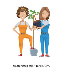 environmentalist women planting tree characters vector illustration design