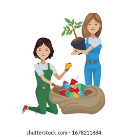 environmentalist women recycling and planting vector illustration design