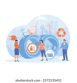 Environmentalists collaborate on environmentally friendly projects. Discusses renewable and sustainable energy sources. Green and sustainable environment concept. Flat vector illustration.